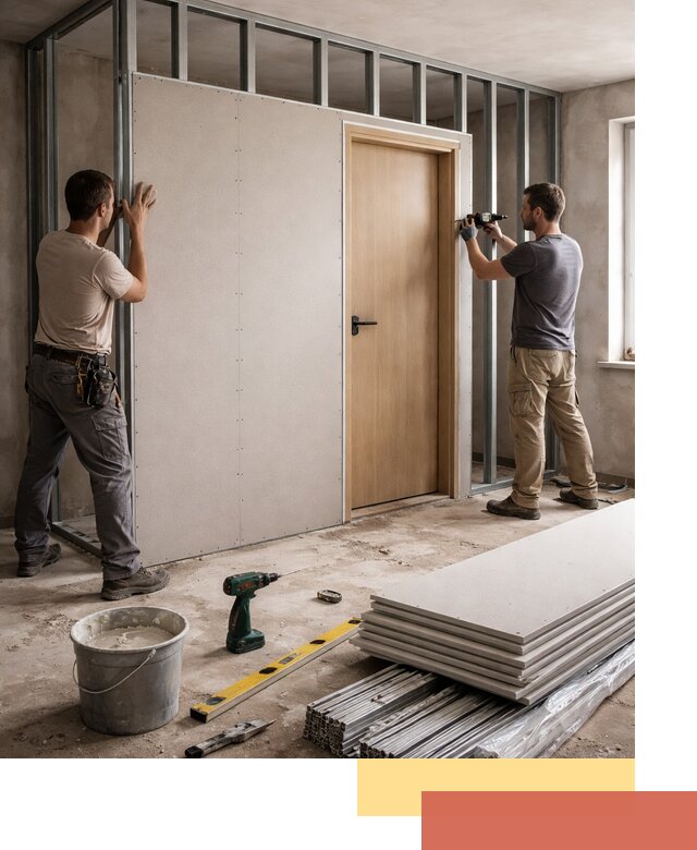 Перегородка из гипсокартона с дверью под ключ в Нягани