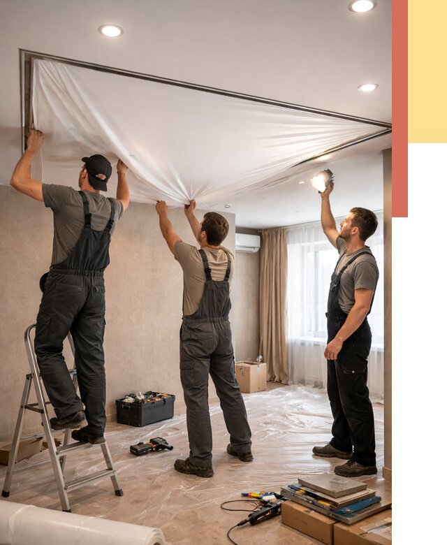 Монтаж ПВХ натяжного потолка в Нягани от 3565 руб. под ключ | ОТДЕЛОЧНИК-Нга