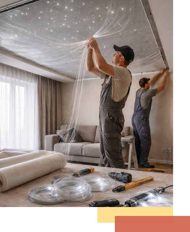 Монтаж натяжного потолка «Звездное небо» в Нягани