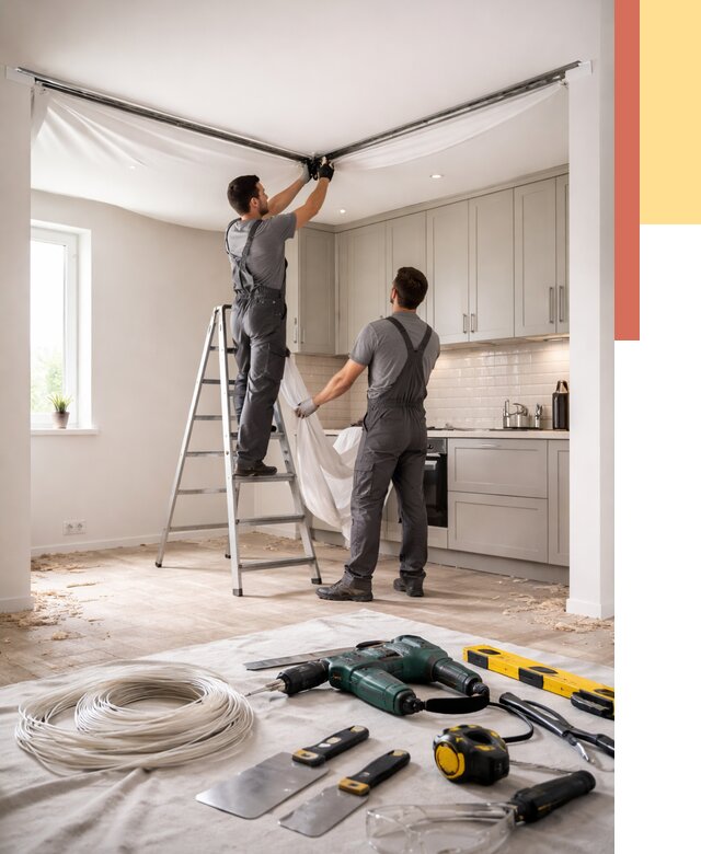 Установка натяжного потолка на кухне в Нягани от 2445 руб. | ОТДЕЛОЧНИК-Нга