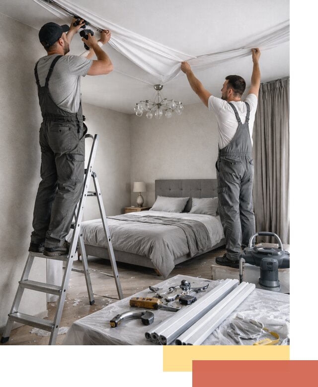 Монтаж натяжного потолка в спальне в Нягани